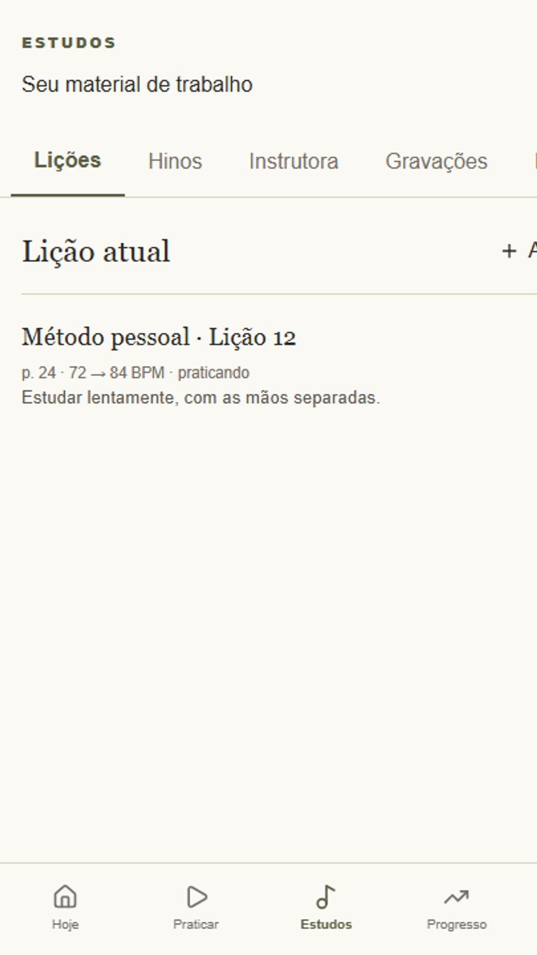 Tela de estudos com registros de lições e hinos