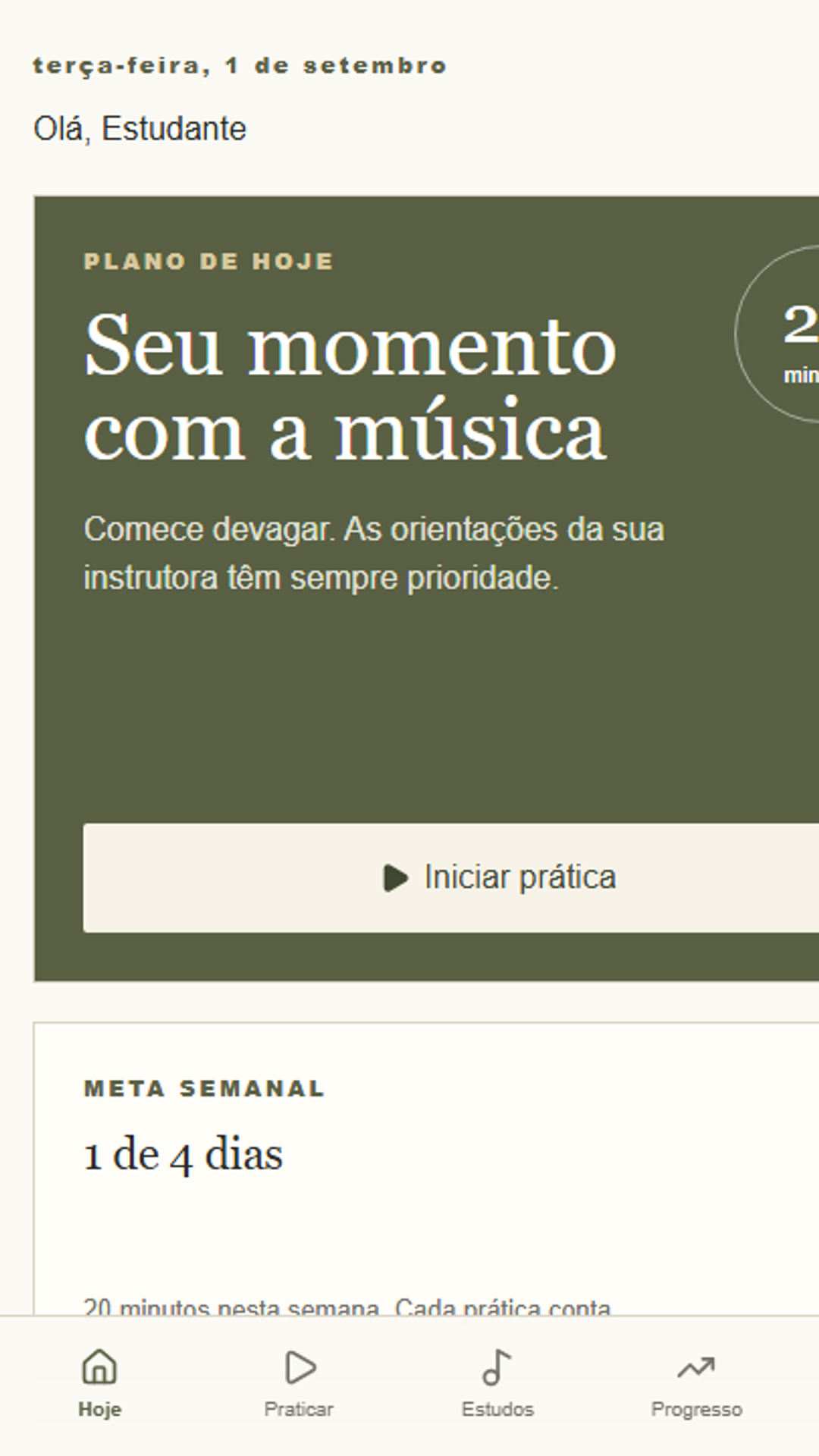 Tela Hoje do aplicativo com plano de prática, meta semanal e botão Iniciar prática