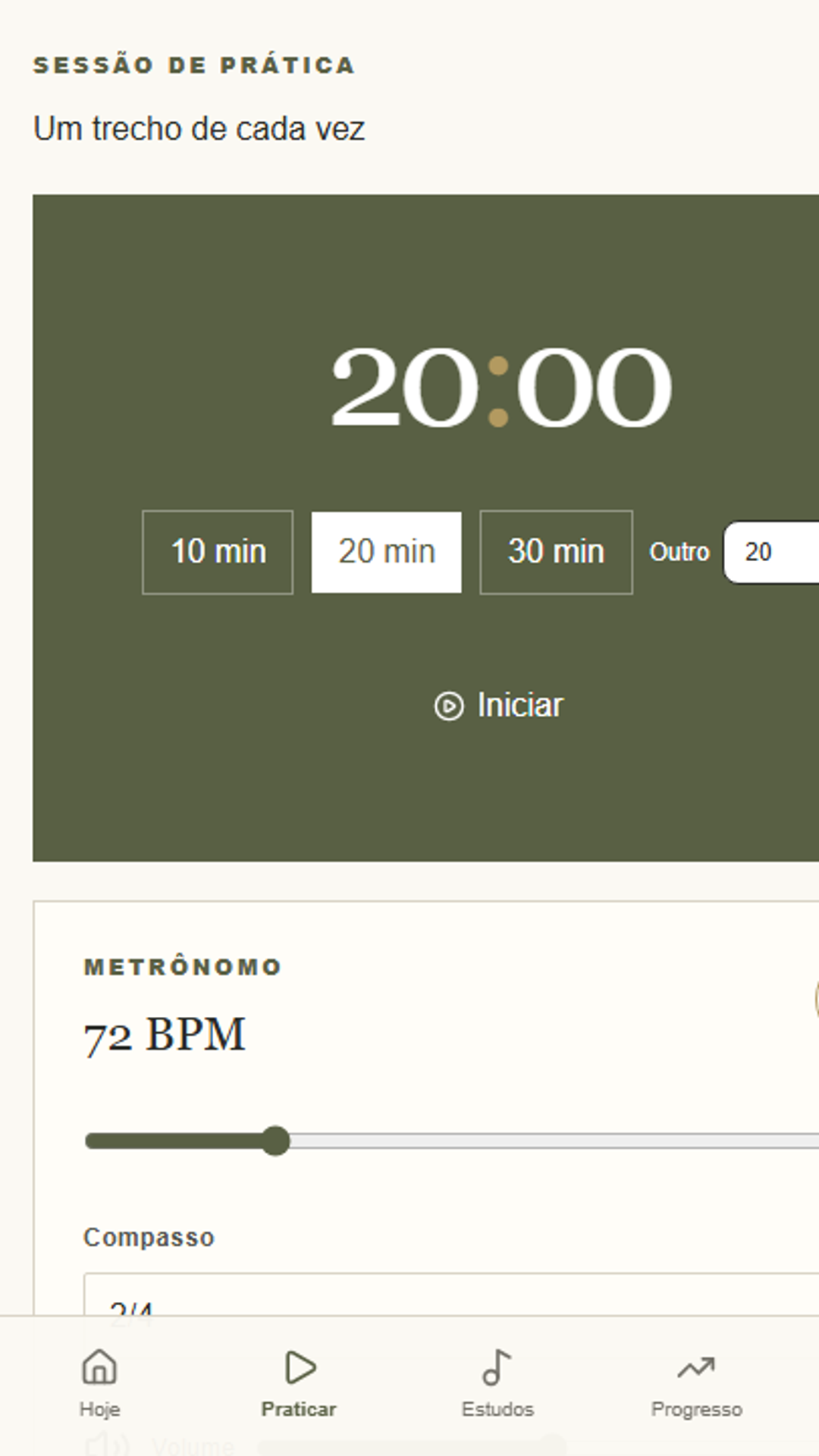 Tela de prática com cronômetro e metrônomo